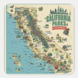Vintage Illustrated California Parks Map Art Quadratischer Aufkleber