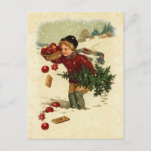 Vintage Illustration Boy Weihnachtsbaum Cookies Feiertagspostkarte (Vorderseite)