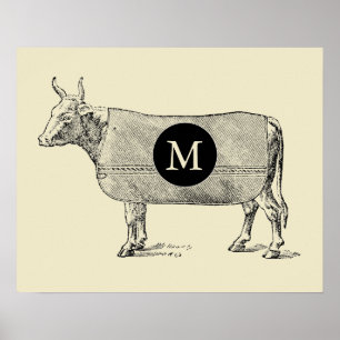 VINTAGE ILLUSTRATION Cow Monogramm-Plakat Poster