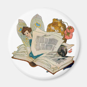 Vintage-Illustration einer Bücherwurm-Fee Magnet