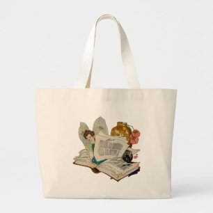 Vintage-Illustration einer Bücherwurmfee Jumbo Stoffbeutel