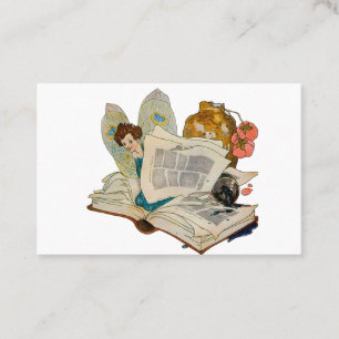 Vintage-Illustration einer Bücherwurmfee Visitenkarte