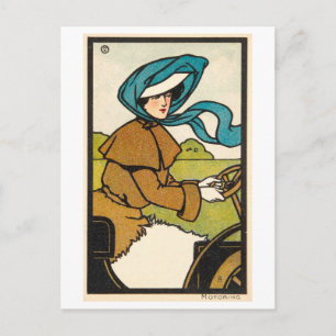 Vintage-Illustration einer Frau, die ein Auto fähr Postkarte