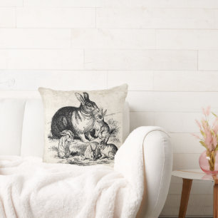 Vintage-Illustration einer Hasenfamilie, Babykanin Kissen