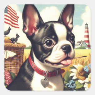 Vintage-Illustration eines Boston Terriers Quadratischer Aufkleber