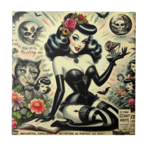 Vintage-Illustration eines Gothic-Mädchens Fliese
