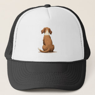 Vintage-Illustration eines Hundes von hinten in Ta Truckerkappe