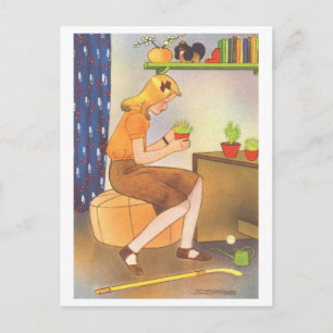 Vintage-Illustration eines Mädchens mit Topfpflanz Postkarte