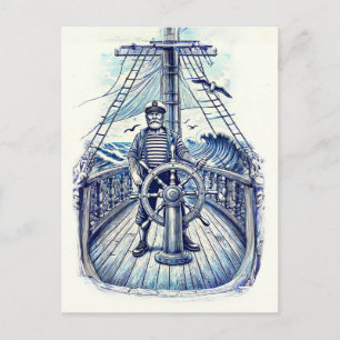 Vintage-Illustration eines Matrosen am Steuer Postkarte
