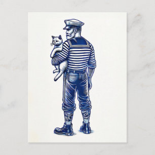 Vintage-Illustration eines Matrosen, der eine Katz Postkarte