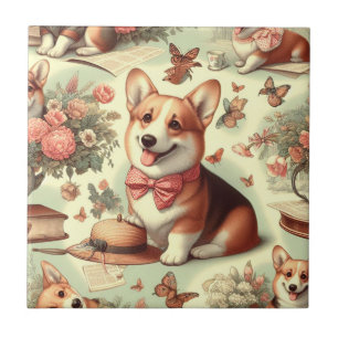 Vintage-Illustration eines walisischen Corgi Cardi Fliese