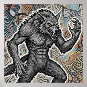 Vintage-Illustration eines Werwolfs Fiercer gotisc Poster