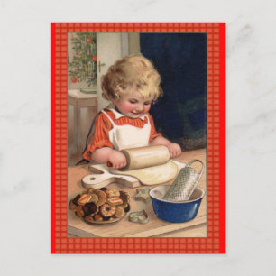 Vintage Illustration Girl Backen Weihnachtskekse Feiertagspostkarte