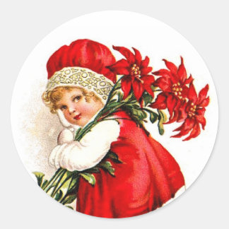 Vintage Illustration Girl Carry Poinsettias Runder Aufkleber
