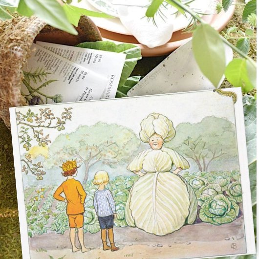 Vintage Illustration im Garten Elsa Beskow Mitteilungskarte