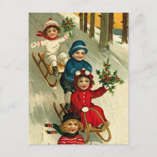 Vintage Illustration Kinder im Winter Schlitten Postkarte