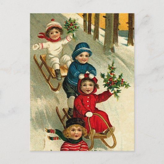 Vintage Illustration Kinder im Winter Schlitten Postkarte (Vorderseite)