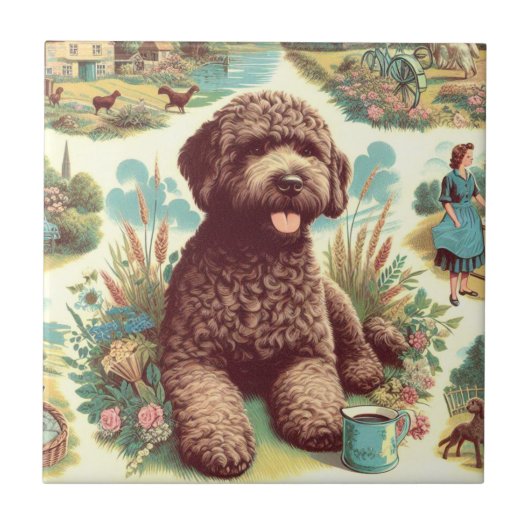 Vintage Illustration Lagotto Romagnolo Fliese (Vorderseite)
