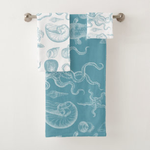 Vintage Illustration Meerestiere Modernes Blau Badhandtuch Set