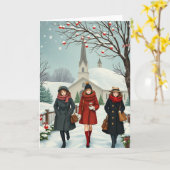 Vintage Illustration Menschen aus der Kirche Karte (Gelbe Blume)