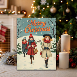 Vintage Illustration Menschen gehen zur Kirche Feiertagspostkarte