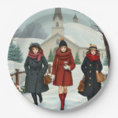Vintage Illustration Menschen gehen zur Kirche Pappteller (Vorderseite)