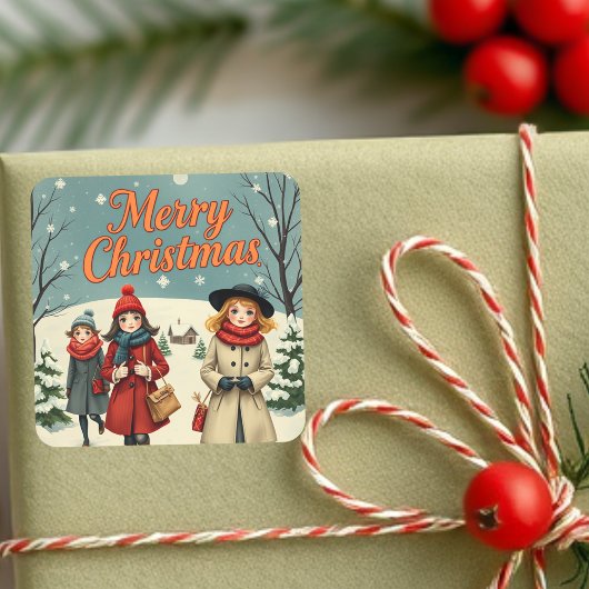 Vintage Illustration Menschen gehen zur Kirche Quadratischer Aufkleber