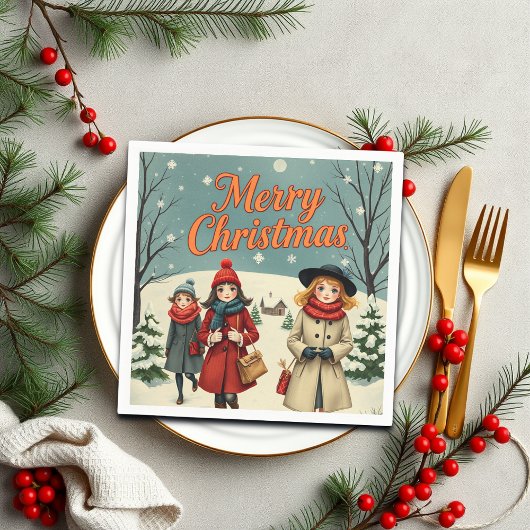 Vintage Illustration Menschen gehen zur Kirche Serviette