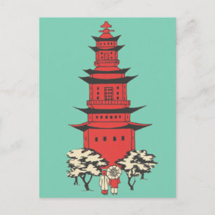 Vintage Illustration of a Chinese Pagoda Postcard Postkarte
