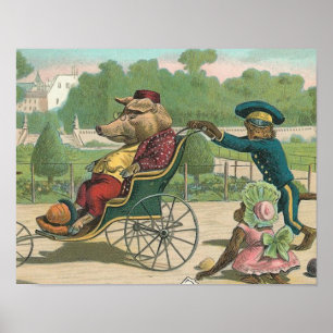 Vintage Illustration "Pig in einem Rollstuhl" Poster