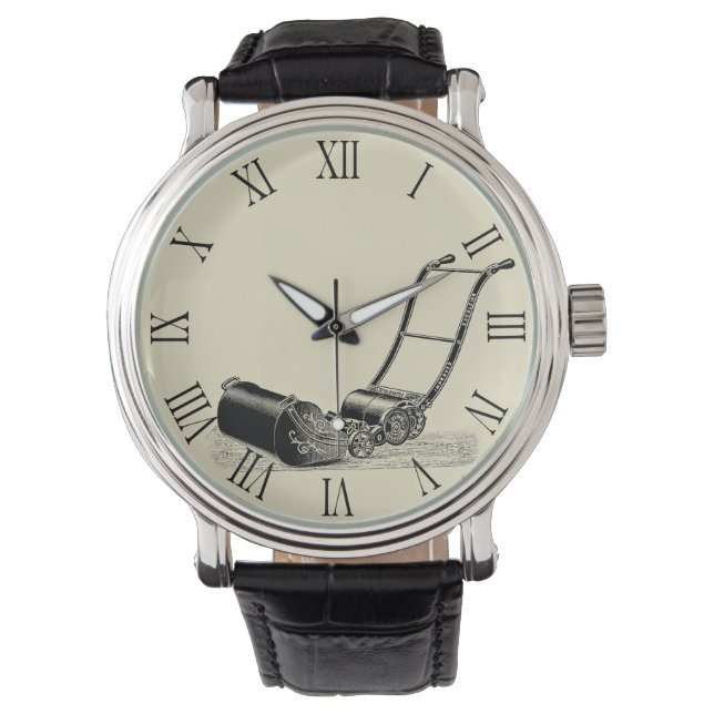 Vintage Illustration Rasenmäher römische Zahlen W Armbanduhr (Vorderseite)