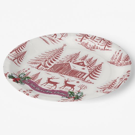 Vintage Illustration - Rentier und Weihnachtshäuse Pappteller (Schrägansicht)