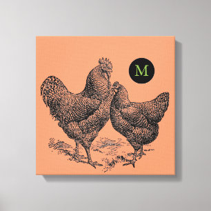 VINTAGE Illustration Rooster Hen Monogramm Leinwan Leinwanddruck