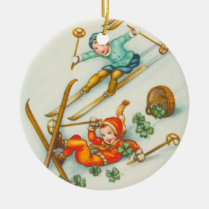 Vintage-Illustration, Skifahrerinnen Keramikornament