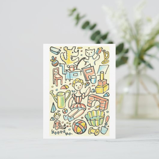 Vintage Illustration von Kinderspielzeug Postkarte (Stehend Vorderseite)