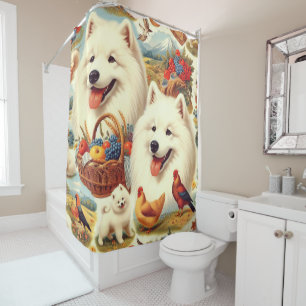 Vintage Illustration von Samoyed Dog Duschvorhang