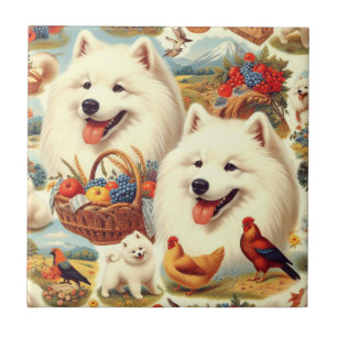 Vintage Illustration von Samoyed Dog Fliese