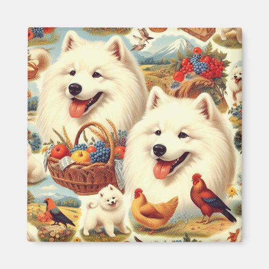 Vintage Illustration von Samoyed Dog Magnet (Vorne)