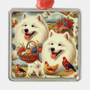 Vintage Illustration von Samoyed Dog Ornament Aus Metall