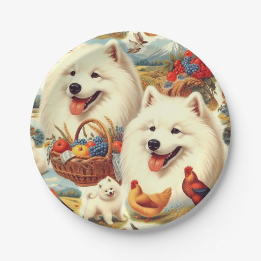 Vintage Illustration von Samoyed Dog Pappteller (Vorderseite)