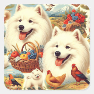 Vintage Illustration von Samoyed Dog Quadratischer Aufkleber
