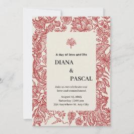 Vintage Illustration Weddin in Beige und Rot Einladung