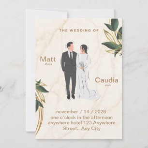 Vintage Illustration Weddin mit Creme und grüner B Einladung