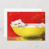 Vintage Illustrationskatze in Gelbschüssel Postkarte (Vorne/Hinten)