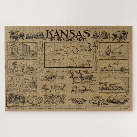 Vintage Illustrative Karte von Kansas (1912) - Tan Puzzle (Horizontal)