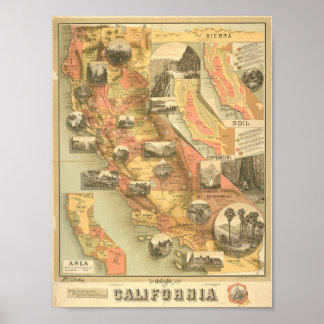 Vintage Illustrierte Karte Kaliforniens Poster
