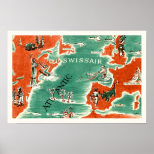 Vintage illustrierte Schweizer Luftverkehr-Map Dru Poster