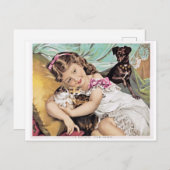 Vintage Image, Little Girl Cuddling Kittens Postkarte (Vorne/Hinten)