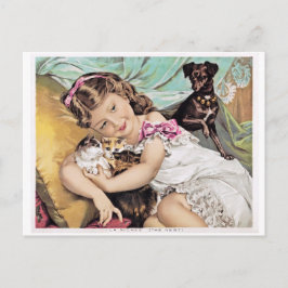 Vintage Image, Little Girl Cuddling Kittens Postkarte