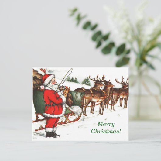Vintage Image Santa & Reindea Weihnachten Postkart (Stehend Vorderseite)